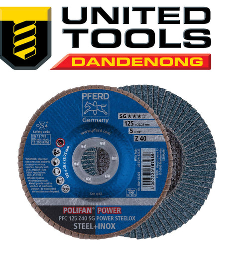 PFERD 40G POLIFAN FLAP DISC PREMIUM ZIRCONIA - STEEL / INOX PFC 125 Z 40 SG - POWER P/n 67784125